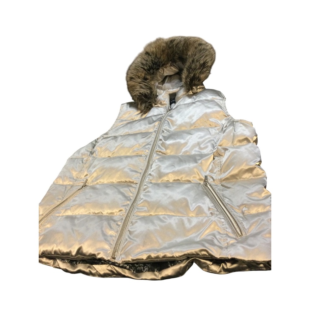 Lands End Kids Puffer Vest Faux Fur Hood Sparkly Champagne Girls Size XL 16-18